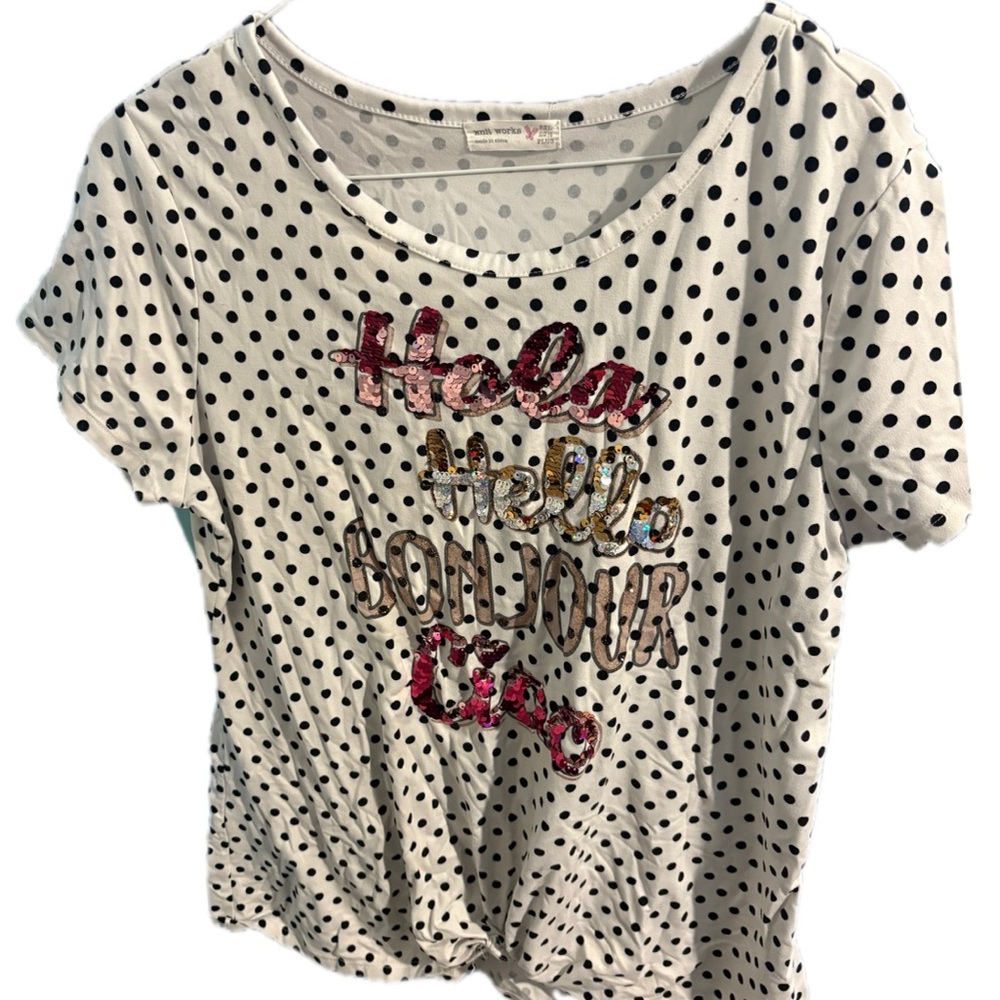 Knitworks White Polka Dot Tee with Multicolor Text